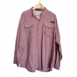 Columbia PFG Shirt Mens XL Red White Plaid Super Bahama Long Sleeves Fishing